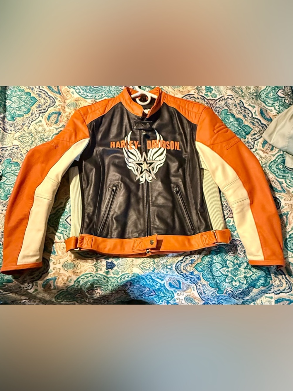 Harley-Davidson Black, Orange & White Leather Riding Jacket/Coat
